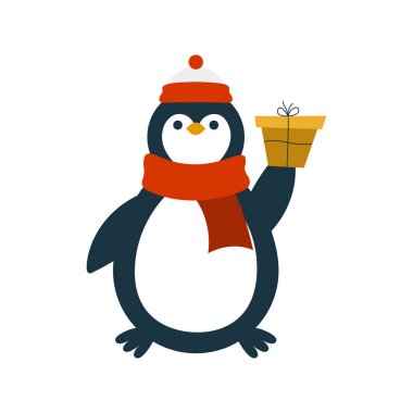 Penguen karakteri beyaz arka planda izole edilmiş. Noel kartı, çıkartma, poster gibi şeyler için kullanılabilir..