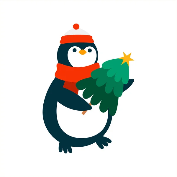 Boże Narodzenie Pingwin Drzewa Izolowane Białym Tle Płaska Ilustracja Wektor — Wektor stockowy