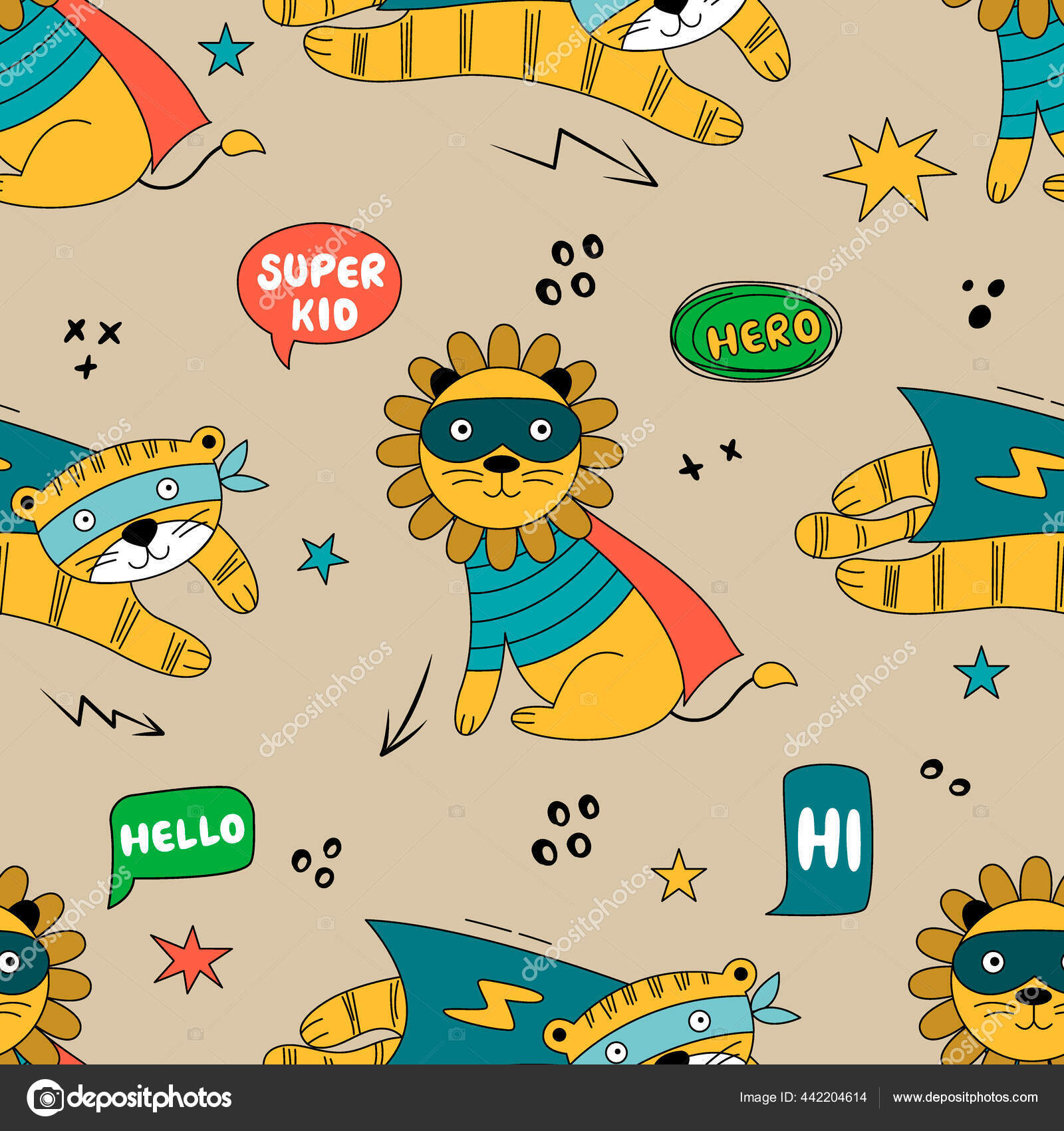 Seamless Pattern Wild Animals Superhero Costumes Cute Vector Background  Tiger Stock Vector Image by ©AlonaS1984 #442204614