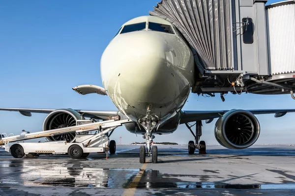 Samolot Pasażerski Stoi Moście Płycie Postojowej Lotniska Przedział Bagażowy Samolotu — Zdjęcie stockowe