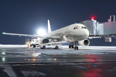 The passenger aircraft stands at the boarding bridge on night airport apron. The baggage compartment of the aircraft is open and the luggage is being loaded clipart