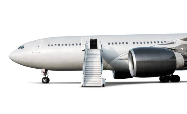 Avião Passageiros Corpo Largo Com Escadas Avental Aeroporto Isolado Fundo — Fotografia de Stock