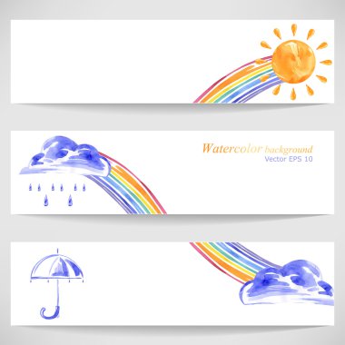 Güneş şemsiyesi, bulutlar, yağmur ve rainbow ile suluboya arka plan. Vektör.