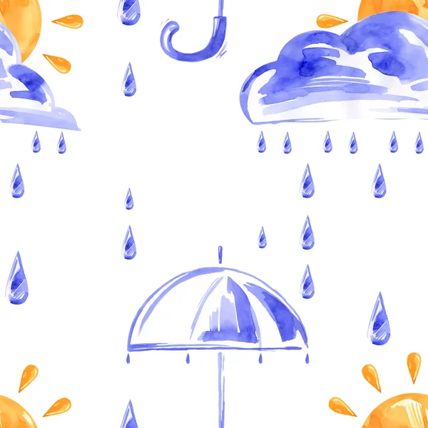 Ακουαρέλα χωρίς ραφή πρότυπο με βροχή, σύννεφα, τον ήλιο και ομπρέλα. — Διανυσματικό Αρχείο