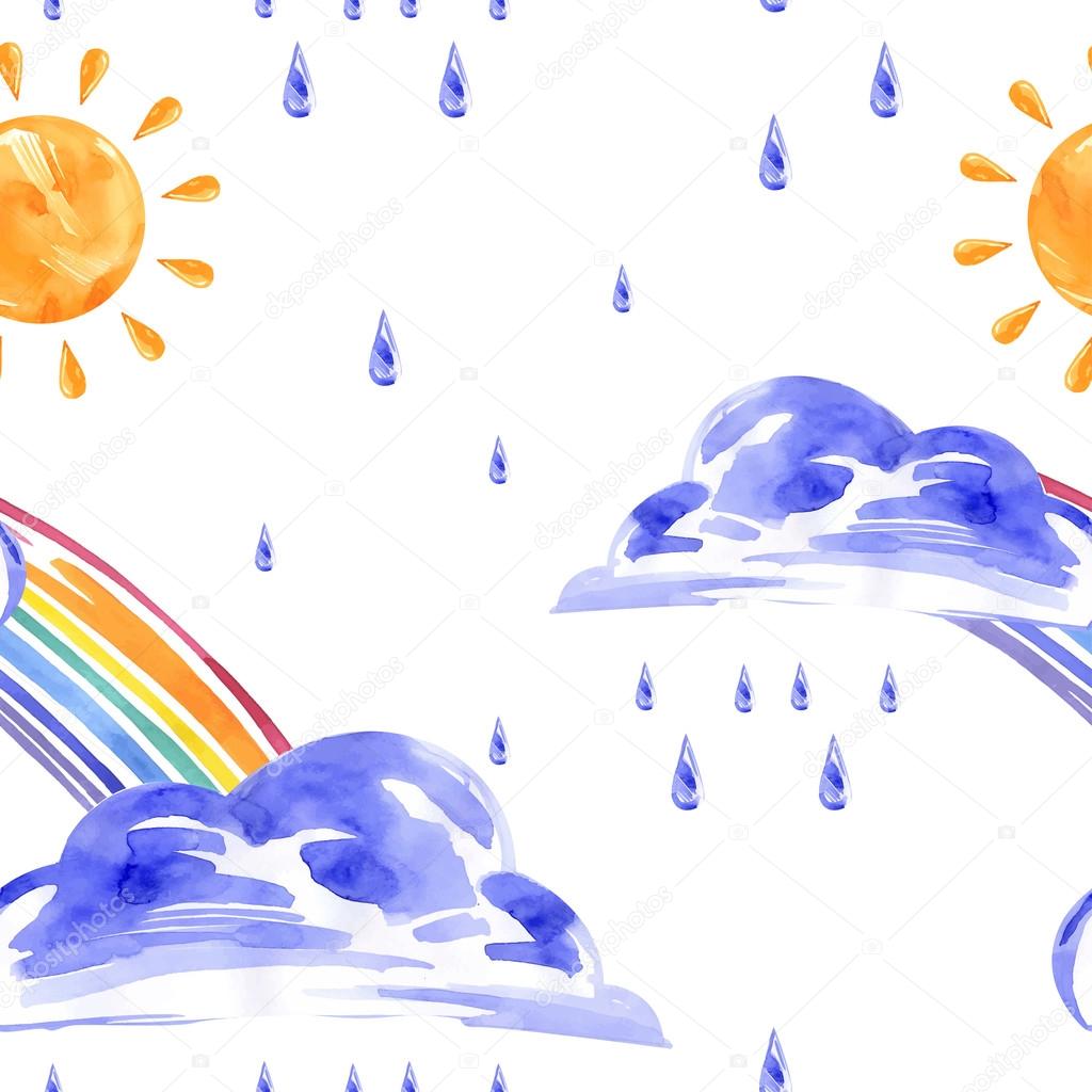 Watercolor seamless pattern with rainbow, sun and rain. Vector.