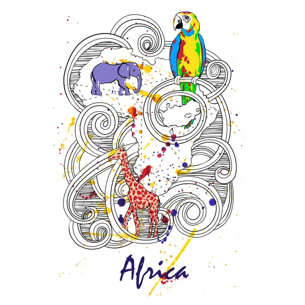 Afrika abstracte illustratie met olifant, giraffe en papegaai op een aquarel achtergrond. Vector. — Stockvector