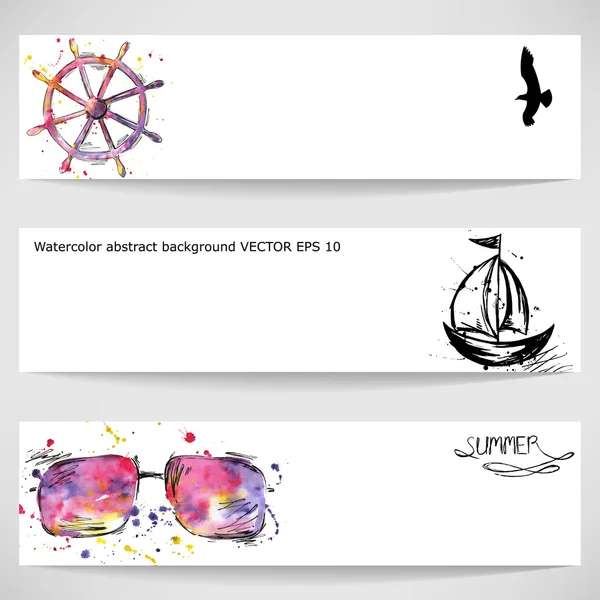 Akvarel zázemí s volant, sluneční brýle, letadlo a loď. V létě. Vektor. — Stockový vektor