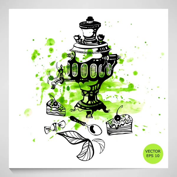 サモワール、緑の背景にお菓子の水彩イラスト。ベクトル. — ストックベクタ