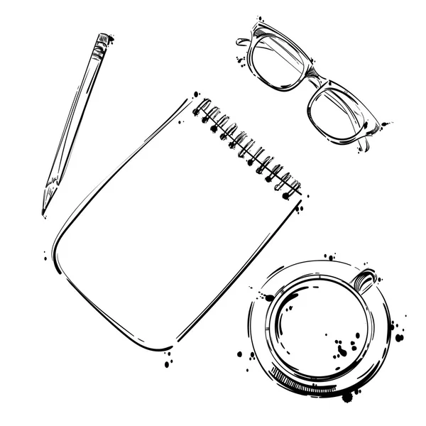 Ensemble vectoriel d'outils de travail : cahier, stylo, lunettes, tasse de coff — Image vectorielle