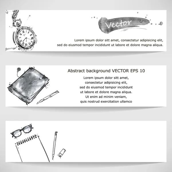 Ακουαρέλα banner ρολόι, γυαλιά και σημειωματάριο. — Διανυσματικό Αρχείο