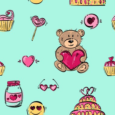 Oyuncak ayı, kalp, şeker, pasta gibi soyut ve soyut desenli vektör.. 