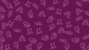 Şenlik tasarımları için uygun kusursuz tatil çizimleri. Mor arka planda binalar, kamyonetler, kulaklar. Mevsimlik projeler için ideal.