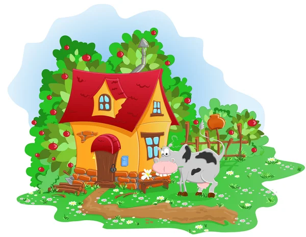 House in the village and a cow — Stock Vector