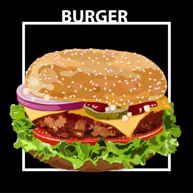 Vektör hamburger. Fast food. Taze, lezzetli, soyutlanmış, herhangi bir geçmişi. Kartpostal, tabela, el ilanı için kullan. Reklamcılık. Tüm elementler ayrı katmanlarda..
