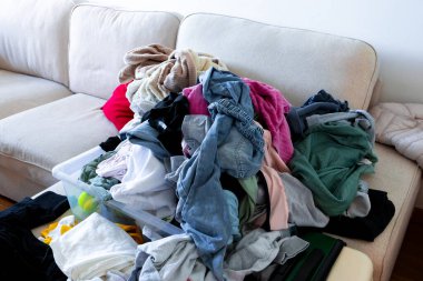 Kanepede karışık renkte çamaşır yığını var. Yüksek kalite.