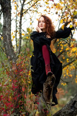 Eskimiş siyah elbiseli kızıl saçlı kadın mistik sonbahar doğası gereği uzun boylu ağaçlar, yabani dikenler ve büyüleyici düşüş atmosferi arasında zarif gotik bir şekilde poz veriyor..