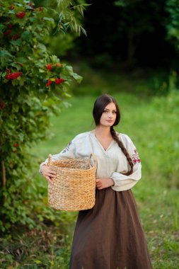 Geleneksel Ukrayna kıyafetleriyle uzun siyah örgülü güzel esmer kadın yeşil arka planda parlak kırmızı viburnum ile poz veriyor, çarpıcı bir portre, canlı bir açık hava sahnesi..