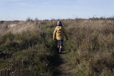 Genç Çocuk Sonbaharda Uzun ve Kuru Çimenler Üzerinde Tek Başına Yürüyor