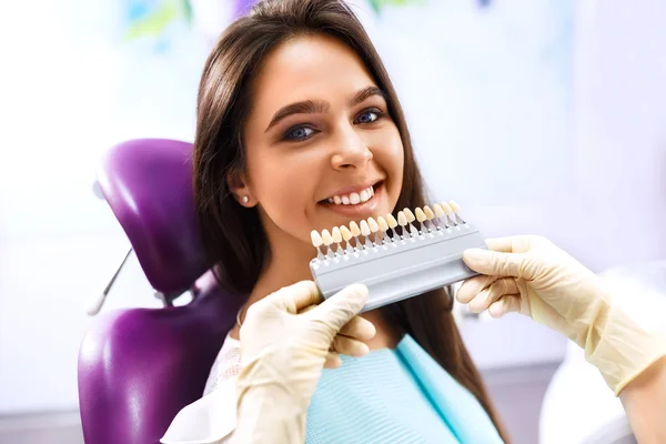 Mooie Europese vrouw glimlach met gezonde tanden bleken. Dental Care concept. — Stockfoto