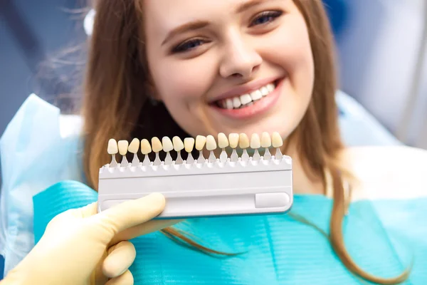 Mooie Europese vrouw glimlach met gezonde tanden bleken. Dental Care concept. — Stockfoto