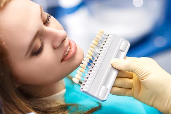 Mooie Europese vrouw glimlach met gezonde tanden bleken. Dental Care concept. — Stockfoto