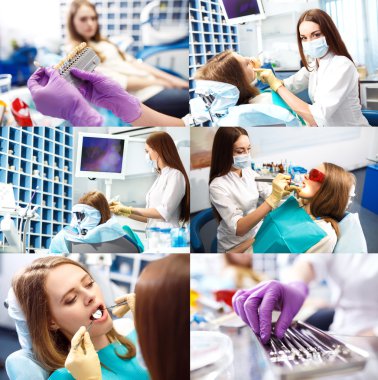 Portrait and collage photo of a surgeon at work.Orthodontic Treatment. Dental care  clipart
