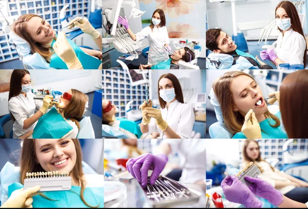 Retrato y collage foto de un cirujano en el trabajo.Ortodoncia Tratamiento. Concepto de cuidado dental . — Foto de Stock