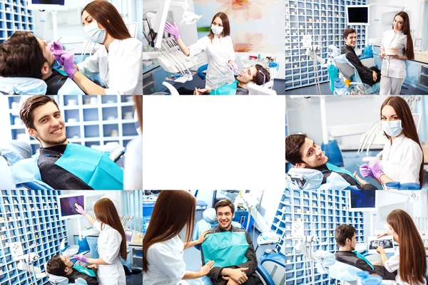 Portrait and collage photo of a surgeon at work.Orthodontic Treatment. Dental care — Stock Photo, Image