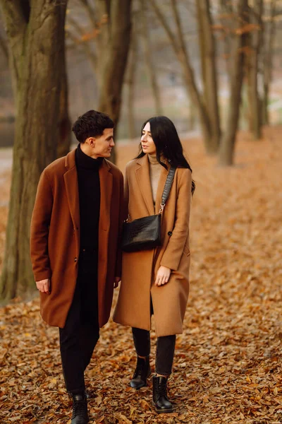 Young Couple Love Holding Hands Walking Forest Autumn Day Beautiful — Stock Photo, Image