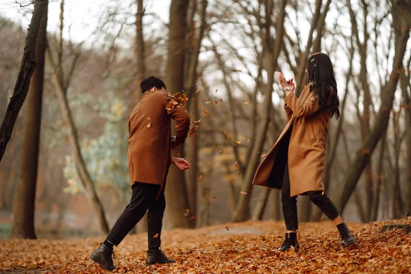 一对恋爱中的年轻夫妇在秋天的一天牵着手穿过一片森林 美丽的一对时髦的夫妇在公园里享受秋天的天气 自由的概念 — 图库照片