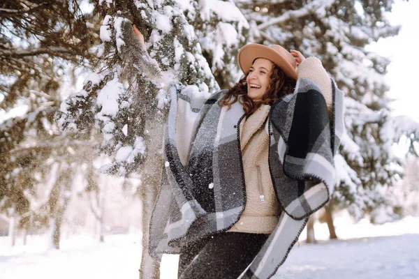 微笑的女人在雪地的公园里享受着冬天的时光 穿着帽子 格子花围巾和外套的年轻女子 冬季时尚 圣诞节假期的概念 — 图库照片