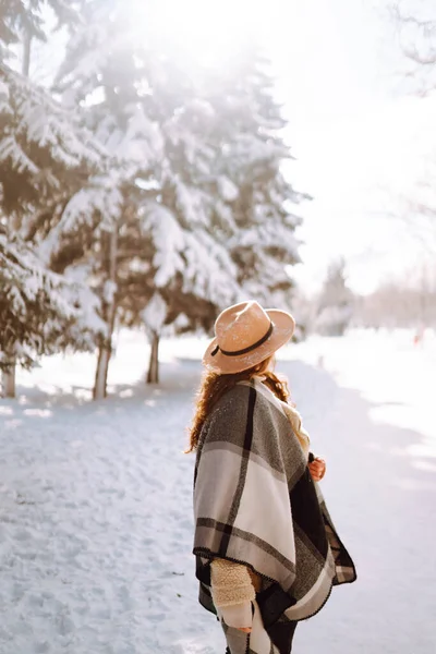 Χαμογελαστή Γυναίκα Που Απολαμβάνει Τις Χειμερινές Στιγμές Ένα Χιονισμένο Πάρκο — Φωτογραφία Αρχείου