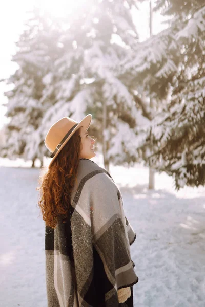 Smiling woman enjoying winter moments in a snowy park. Young woman wearing hat, plaid scarf and coat. Winter fashion, Christmas holidays concept.