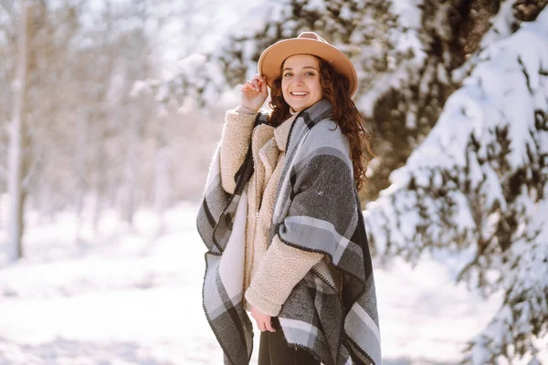 Smiling woman enjoying winter moments in a snowy park. Young woman wearing hat, plaid scarf and coat. Winter fashion, Christmas holidays concept.