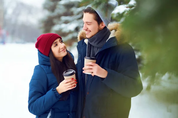Ευτυχισμένο Ζευγάρι Καφέ Στο Χειμερινό Δάσος Άντρας Και Γυναίκα Ξεκουράζονται — Φωτογραφία Αρχείου