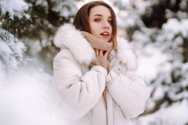 Portrait Jeune Belle Femme Dans Parc Enneigé Dame Joyeuse Vêtements — Photo