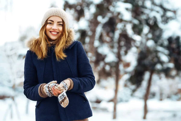 雪地森林里的漂亮女人 穿着冬衣的年轻女士在公园外面高兴地摆姿势 圣诞节 — 图库照片