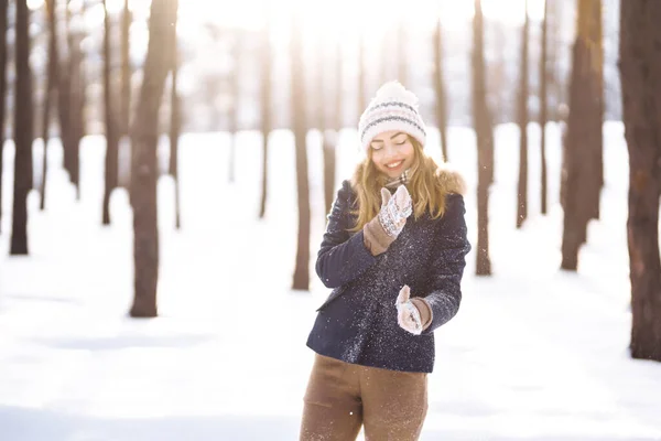Happy Winter Time Cute Woman Playing Snow Snowy Forest Young — Stock Photo, Image