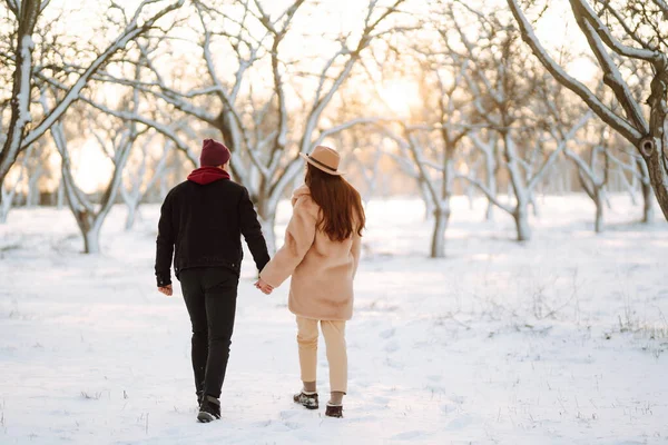 Happy Couple Love Walking Having Fun Snow Forest Young Man — Stock Photo, Image