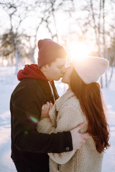 Young Couple Hugging Laughing Outdoors Winter Sunset Happy Man Woman — Stock Photo, Image