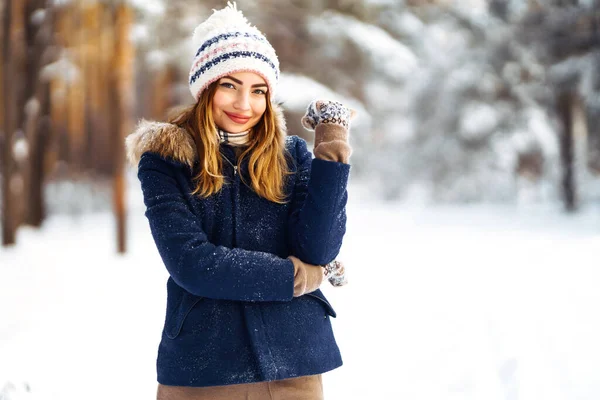 美丽女人的画像喜欢冬天 寒冷的日子 在雪地森林里的时髦的年轻女子 — 图库照片