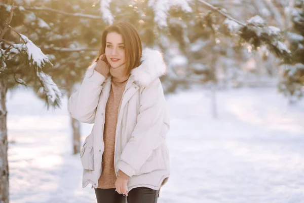 Belle Femme Vêtements Hiver Posant Dans Parc Enneigé Jeune Femme — Photo