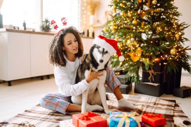 Güzel bir kadın yılbaşı ağacının yanında oturmuş köpeğiyle oynuyor ve eğleniyor. Genç bayan kırmızı Noel şapkasıyla köpeğine sarılıyor. Kış tatili Etrafta ışık.