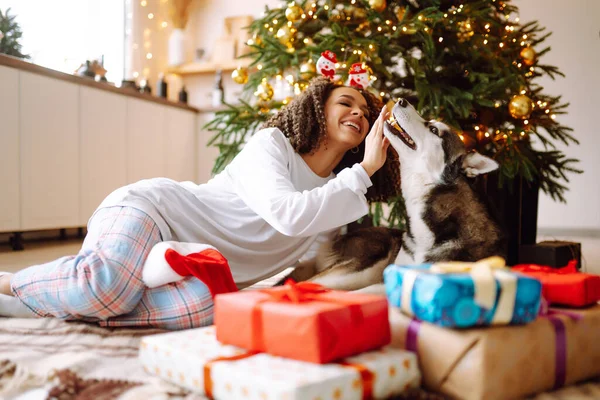 Güzel bir kadın yılbaşı ağacının yanında oturmuş köpeğiyle oynuyor ve eğleniyor. Genç bayan kırmızı Noel şapkasıyla köpeğine sarılıyor. Kış tatili Etrafta ışık.