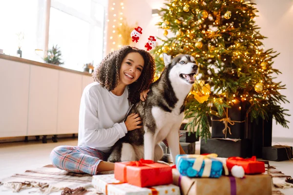 Beautiful Woman Playing Having Fun Her Dog While Sitting Christmas — Stock Photo, Image