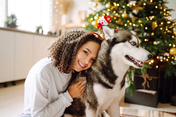 Beautiful Woman Playing Having Fun Her Dog While Sitting Christmas — Stock Photo, Image