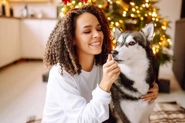 Mooie Vrouw Die Speelt Plezier Heeft Met Haar Hond Terwijl — Stockfoto