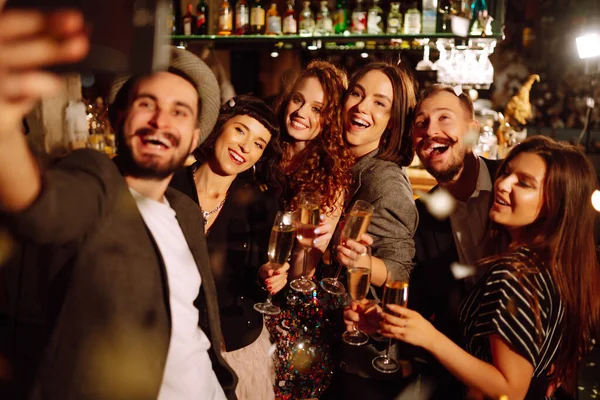 Selfie Time Group Friends Nightclub Party Taking Selfie Phone Young — Stock Photo, Image