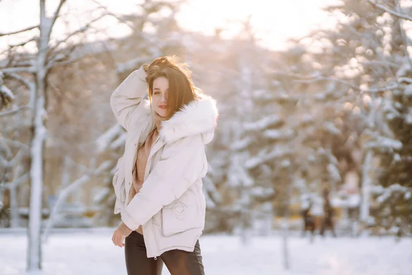 눈덮인 공원에서 아름다운 여성이 포즈를 취하고 있습니다 컨셉트 — 스톡 사진