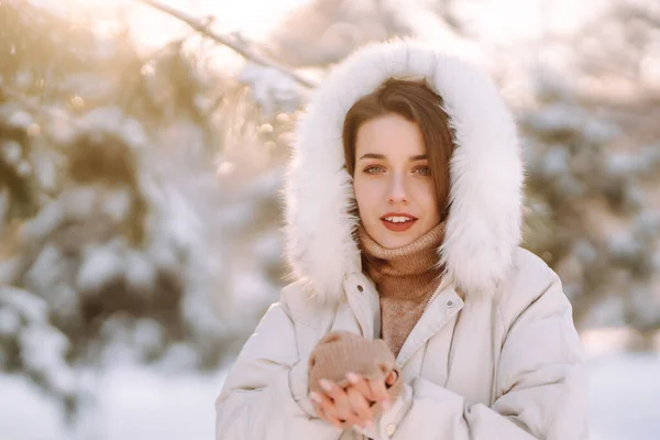 Young Beautiful Woman Posing Snowy Park Cold Weather Winter Fashion — Stock Photo, Image